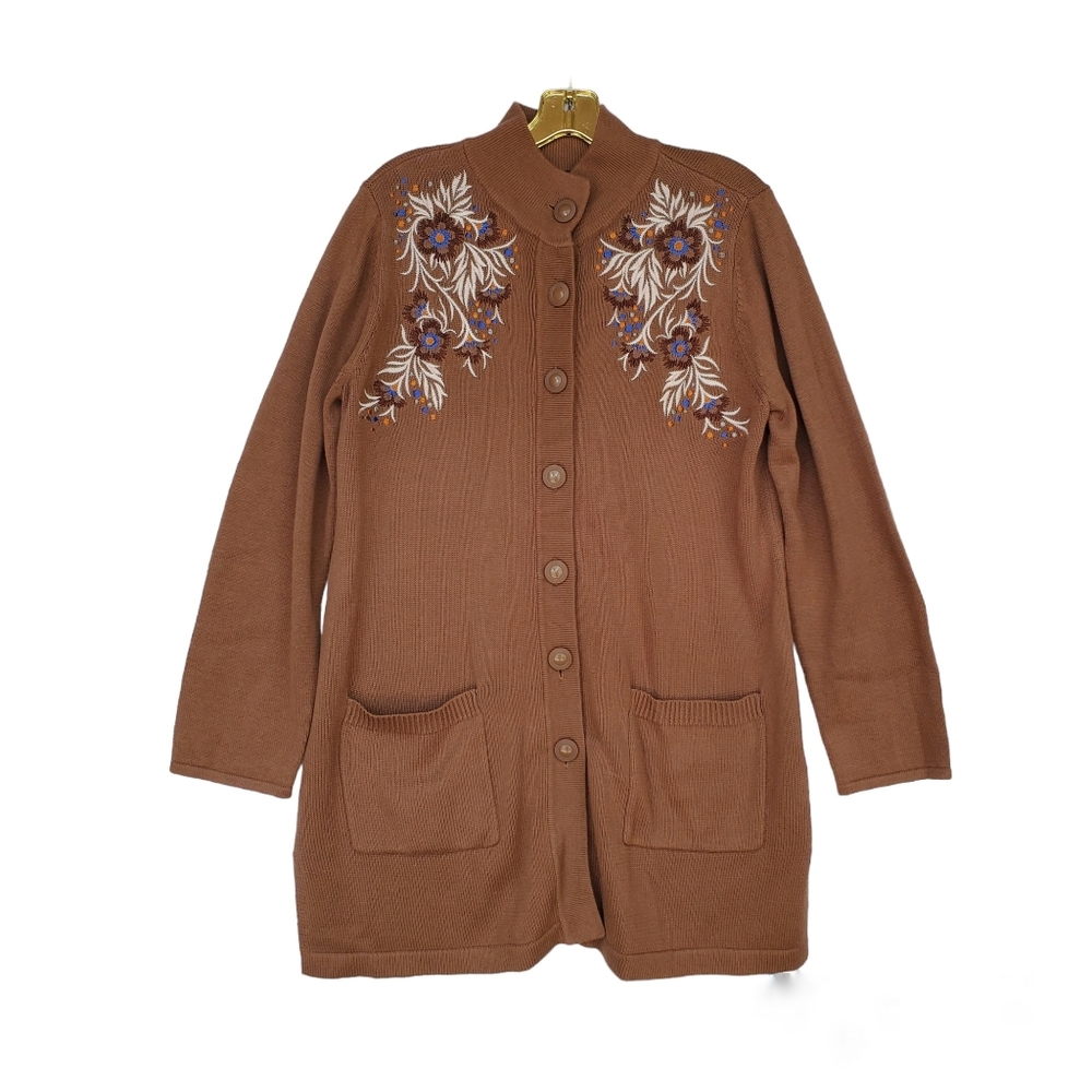 BOB Mackie Tan Cardigan Embroidery & Button Up w/ Pockets - NWOT!